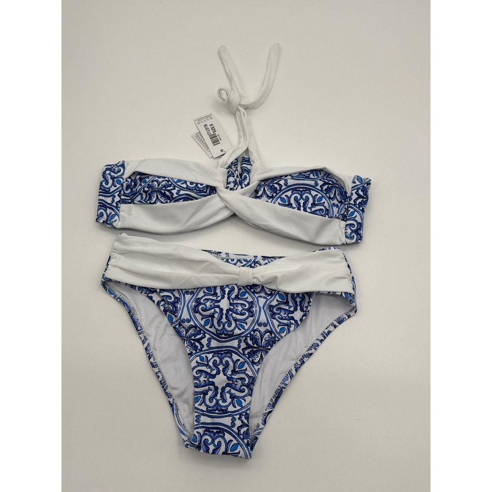 Mermaid Swimwear Blue White Tile Print Bikini Set Halter Top High Waist Small